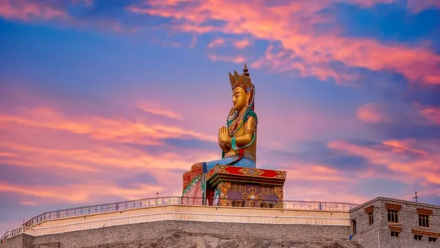 Photography and Views of Sunset in Diskit Monastery